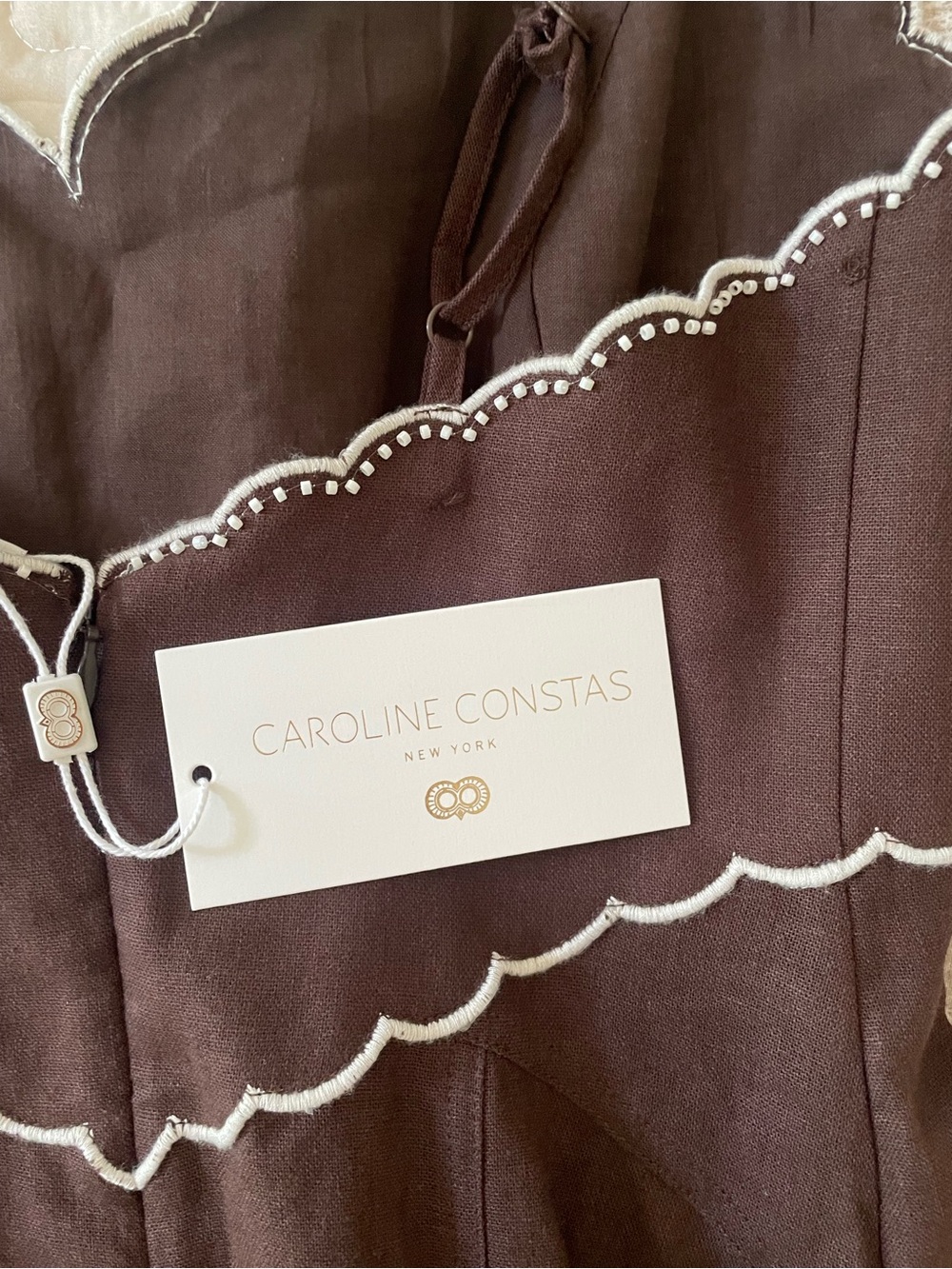 NWT Caroline Constas Brown Scallop-Trim Spaghetti-Strap Midi Dress || Size XS - Picture 6 of 8